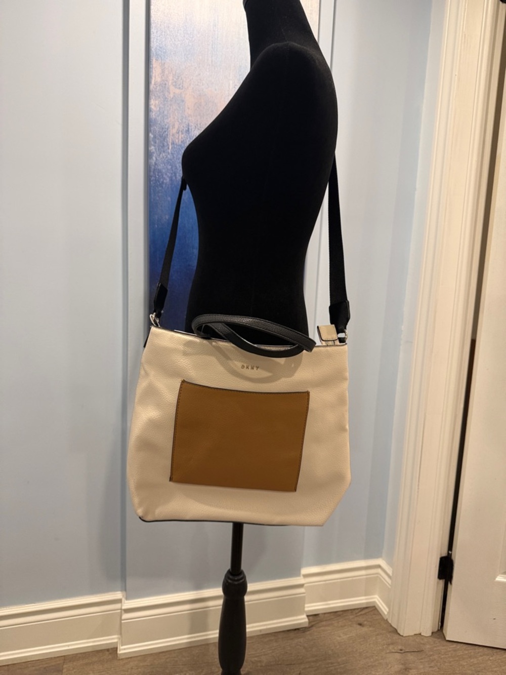 DKNY Cream Leather Shoulder Bag with Tan Front Pocket